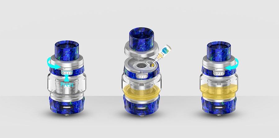 The 2ml Alpha sub ohm tank features a simple button-operated removable top cap for an easy refill method.