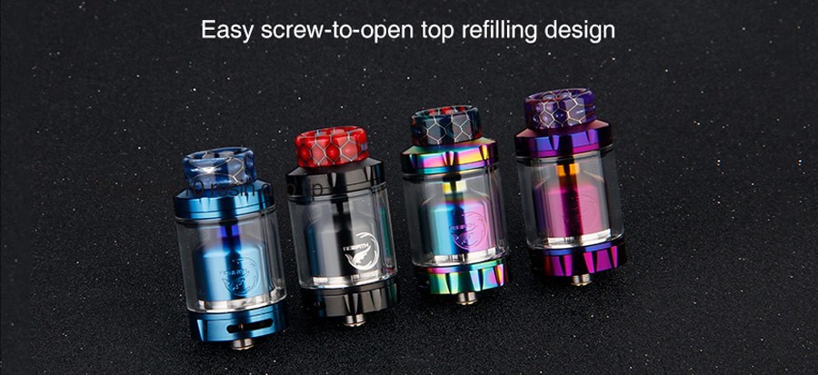 The Rebirth RTA features a dual post build deck which can accommodate up to two coils.