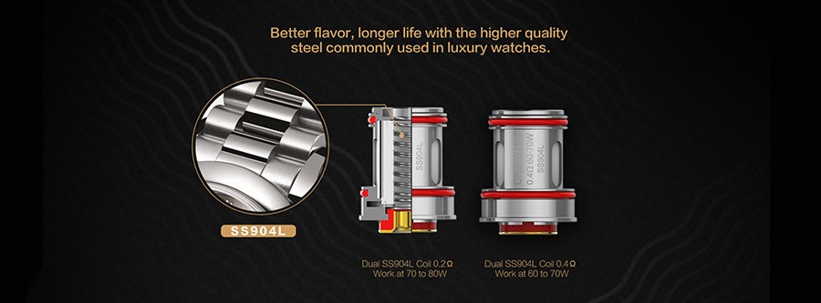 The 2ml Uwell Crown 4 sub ohm vape tank employs the Uwell Crown 4 vape coils available in 0.2 Ohm and 0.4 Ohm variants.