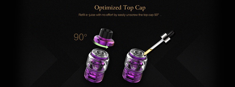 The Uwell Crown 4 sub ohm vape tank features a threaded removable cap for a fast and effective refill method.