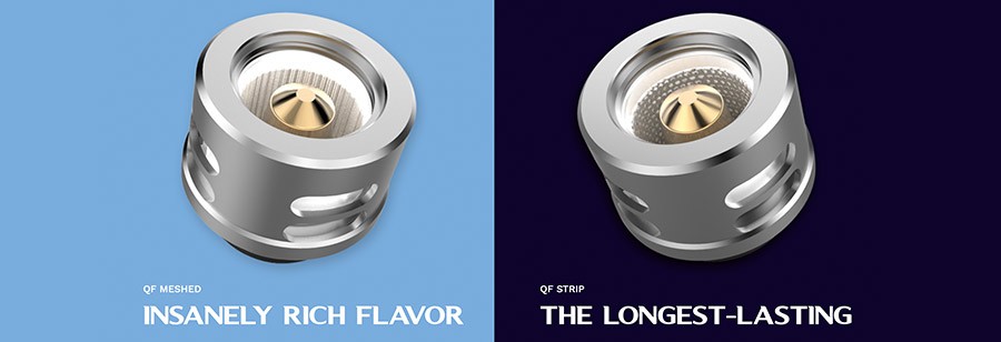 The 2ml SKRR-S Mini vape tank employs two coil types; the QF 0.2 Ohm Meshed coil and the QF Strip 0.15 Ohm coil.