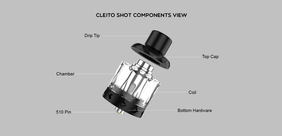 The disposable Cleito Shot tank features a removable top cap and built-in coil.