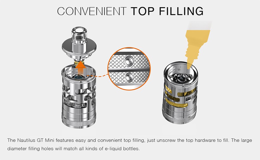 The 2ml Nautilus GT Mini features top filling capabilities, for a secure and clean filling process.