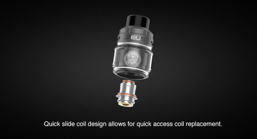 The Zeus 2ml sub ohm tank incorporates a quick slide coil design for a fast replacement.