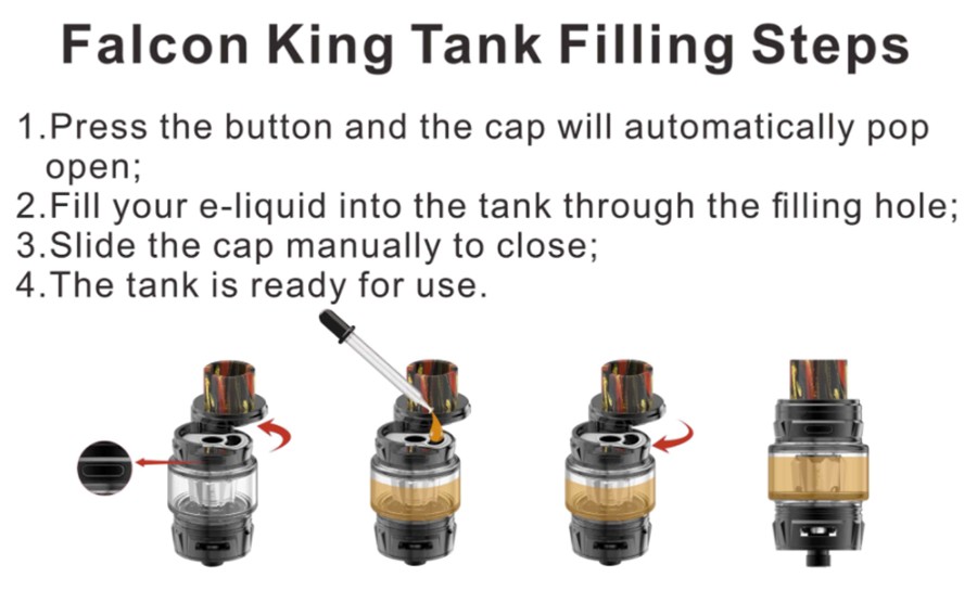 The Falcon King 2ml vape tank features a slide to open top cap and employs the Falcon coil series.