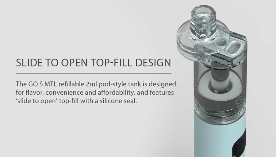 The Go S disposable 2ml MTL vape tank features a slide to open top fill cap for a quick and clean refilling of e-liquid.