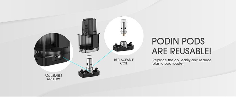 The Podin replacement pods feature adjustable airflow and an interchangeable coil system which a quick and easy to replace.