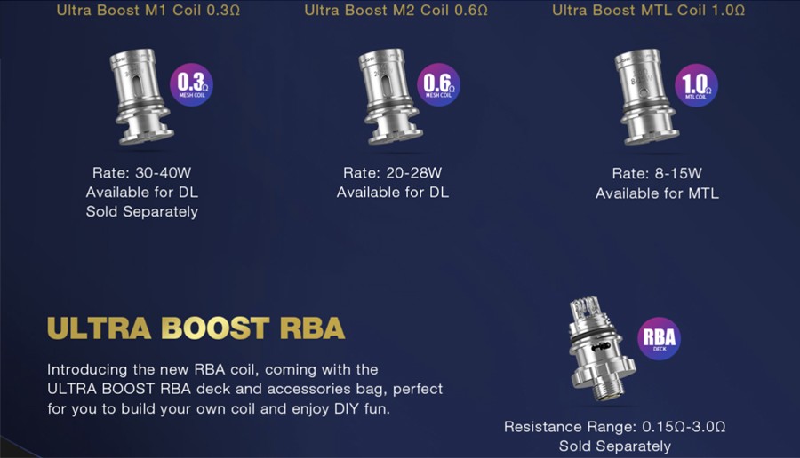 The Q-Ultra 2ml refillable pods employ the Ultra Boost coil series, including sub ohm and MTL variants as well as an RBA coil for rebuildable vapers.