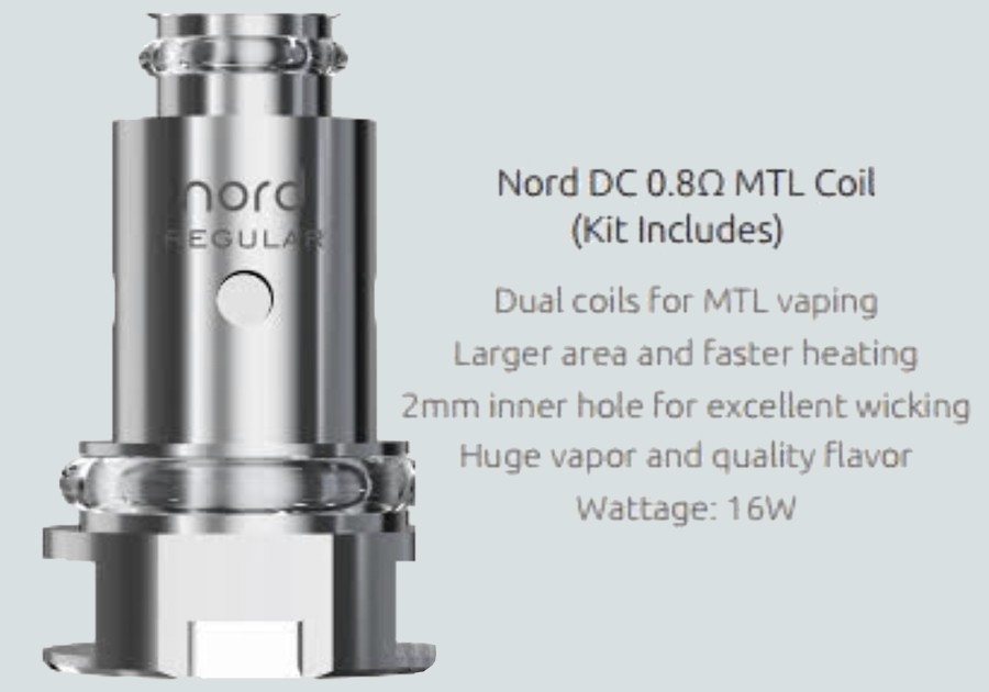 The 2ml Nord 2 Nord refillable pods employ the Nord DC 0.8 Ohm coils with a dual coil build, delivering an MTL vape.