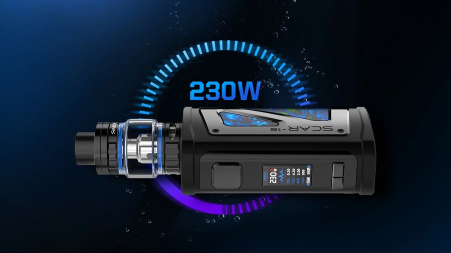 The Scar-18 vape kit by Smok features a 230W max output and is powered by dual 18650 vape batteries.