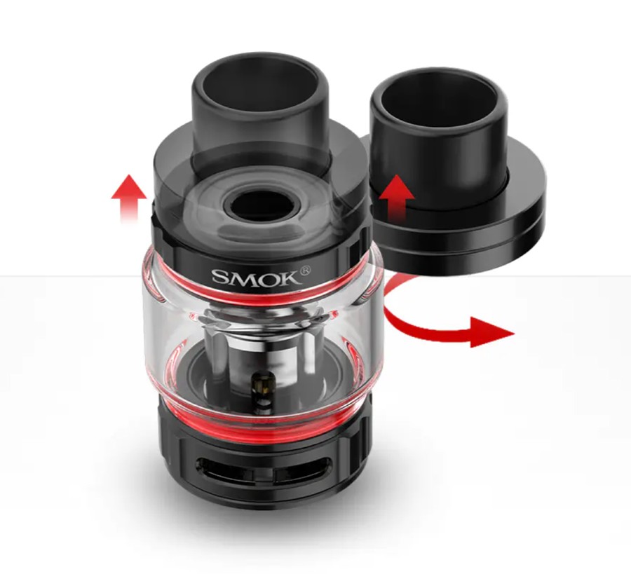 The Smok TFV9 tank features a specially designed childproof top filling mechanism making it much safer.