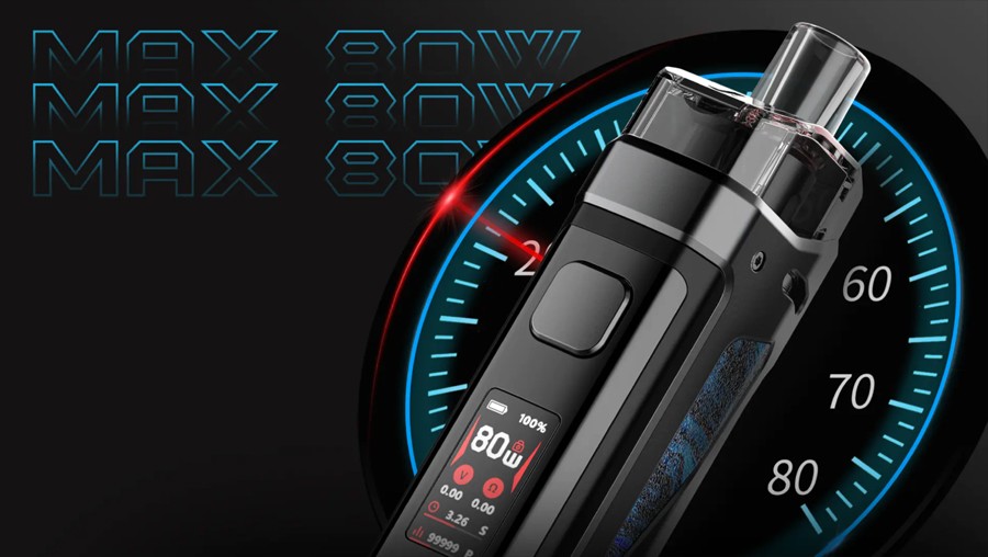 The Smok P3 Kit features an adjustable 80W output for different levels of vapour and flavour production.