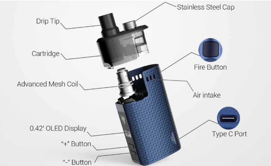 The Snowwolf Taze pod kit is powered by a 1600mAh battery with a 40W max output.