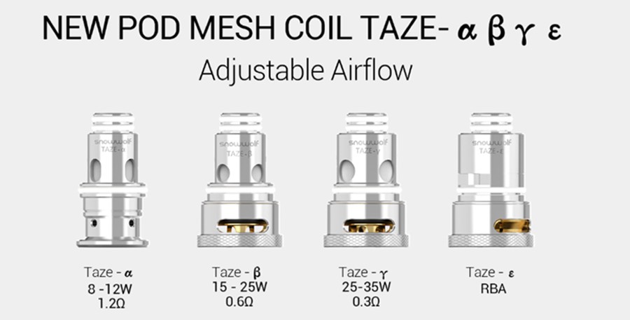 The Snowwolf Taze pod is compatible with the Taze mesh coils which feature adjustable airflow, available in a range of resistances as well as an RBA coil.