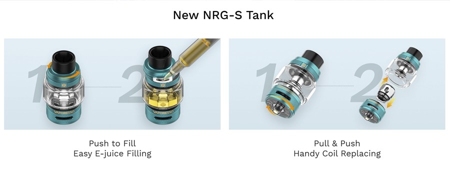 The 2ml Vaporesso NRG-S vape tank features secure top filling and quick coil changing.